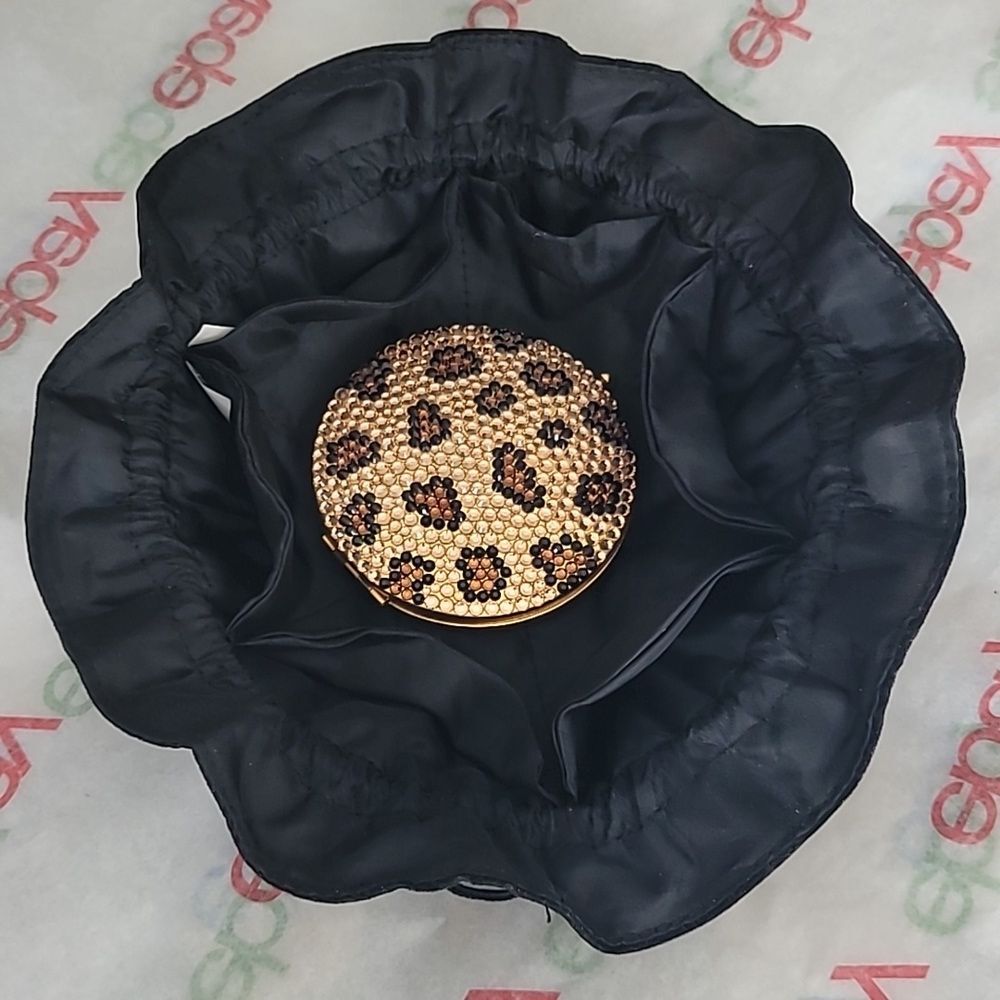 Gold Tone Leopard Rhinestone Embellished Compact Mirror with Vevel Pouch